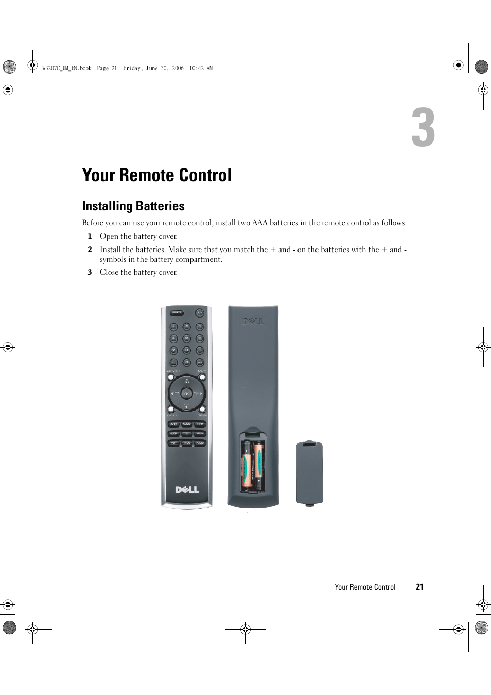 Your remote control, Installing batteries, 3 your remote control | Dell LCD TV W3207C User Manual | Page 21 / 204