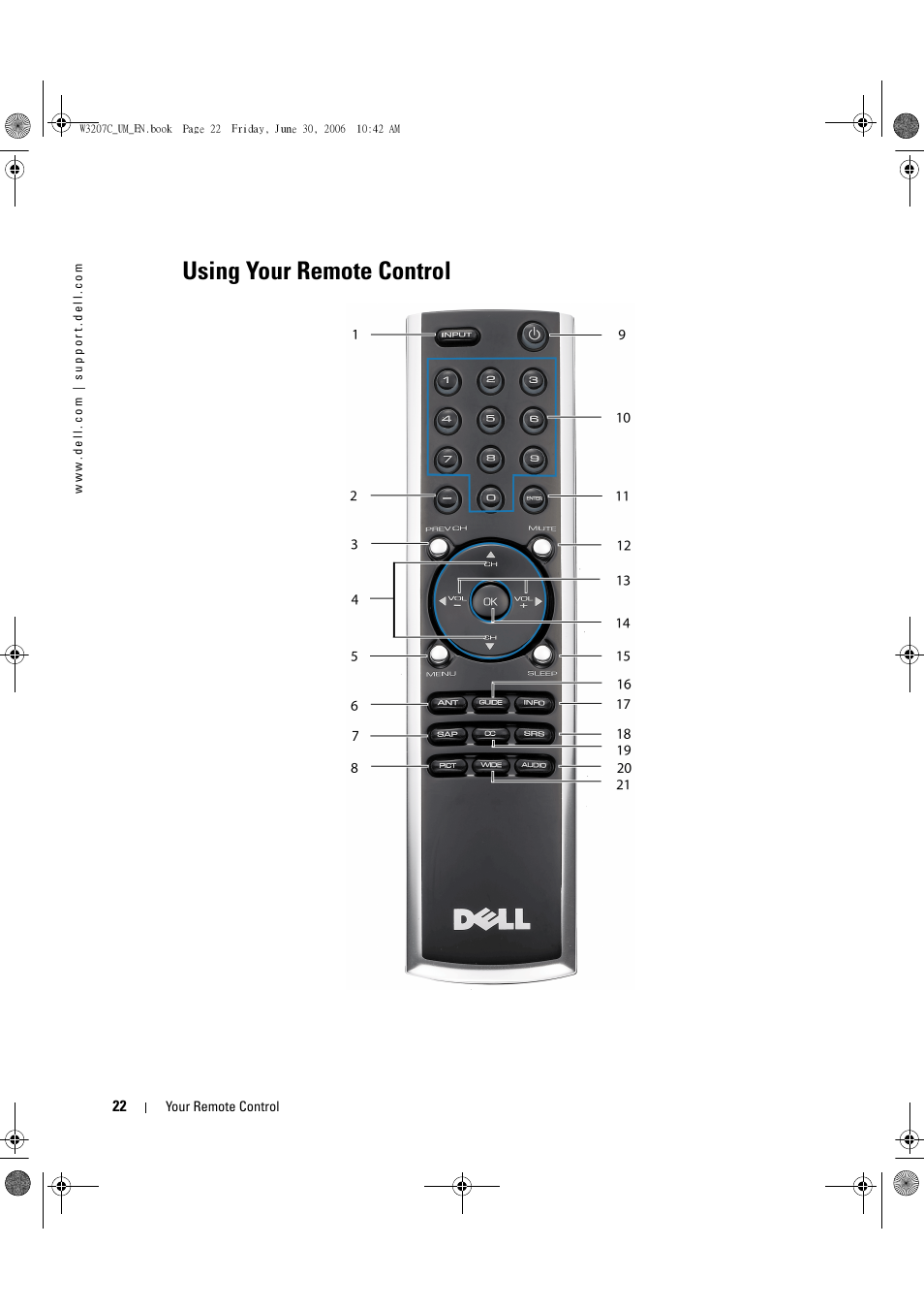 Using your remote control | Dell LCD TV W3207C User Manual | Page 22 / 204