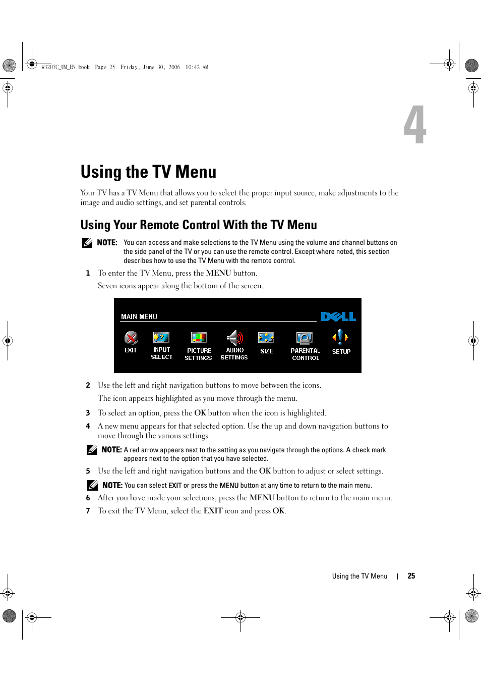 Using the tv menu, Using your remote control with the tv menu, 4 using the tv menu | Dell LCD TV W3207C User Manual | Page 25 / 204