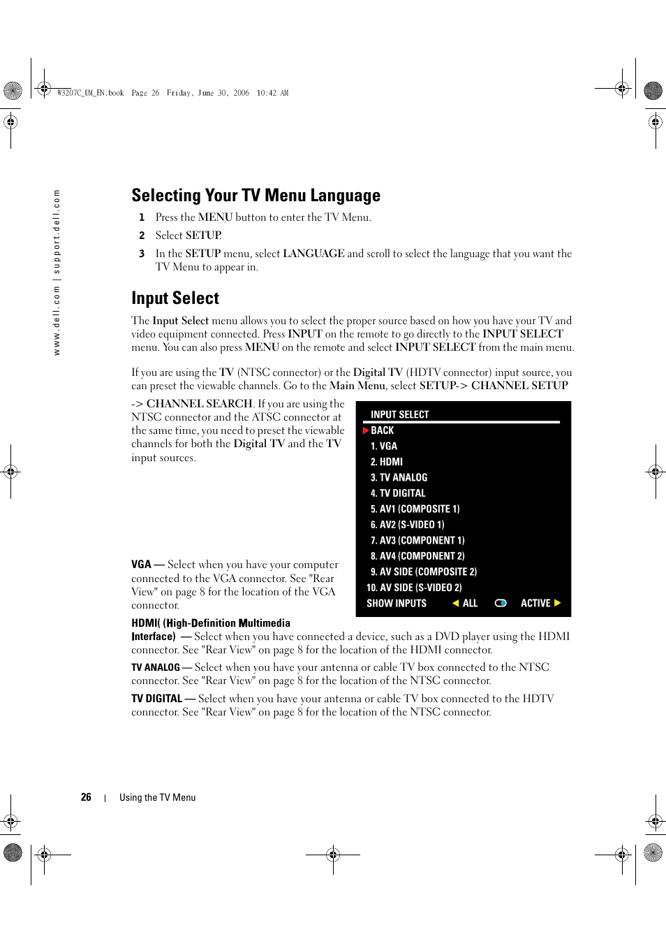 Selecting your tv menu language, Input select, See "input select" on | Dell LCD TV W3207C User Manual | Page 26 / 204