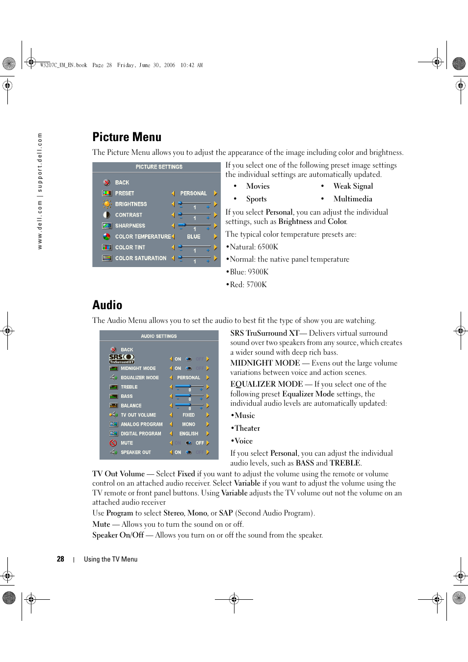 Picture menu, Audio | Dell LCD TV W3207C User Manual | Page 28 / 204