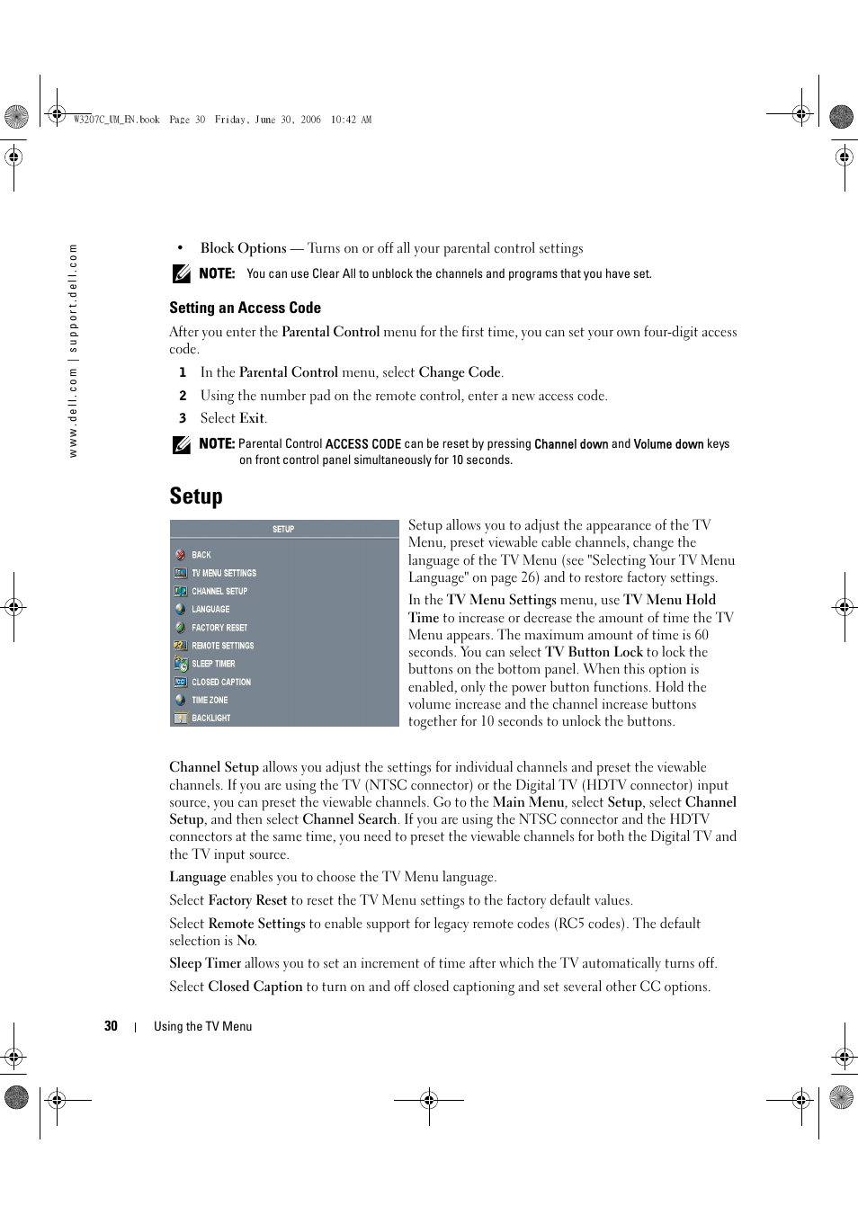 Setup | Dell LCD TV W3207C User Manual | Page 30 / 204