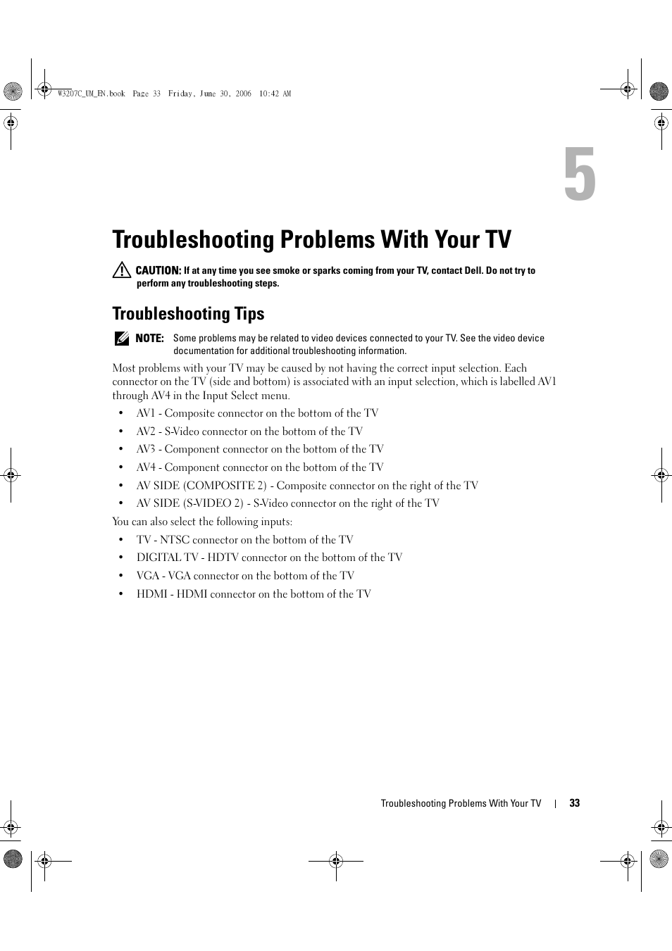 Troubleshooting problems with your tv, Troubleshooting tips, 5 troubleshooting problems with your tv | Dell LCD TV W3207C User Manual | Page 33 / 204