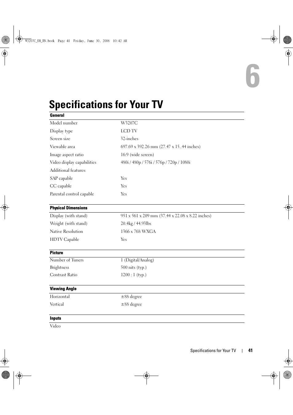 Specifications for your tv | Dell LCD TV W3207C User Manual | Page 41 / 204