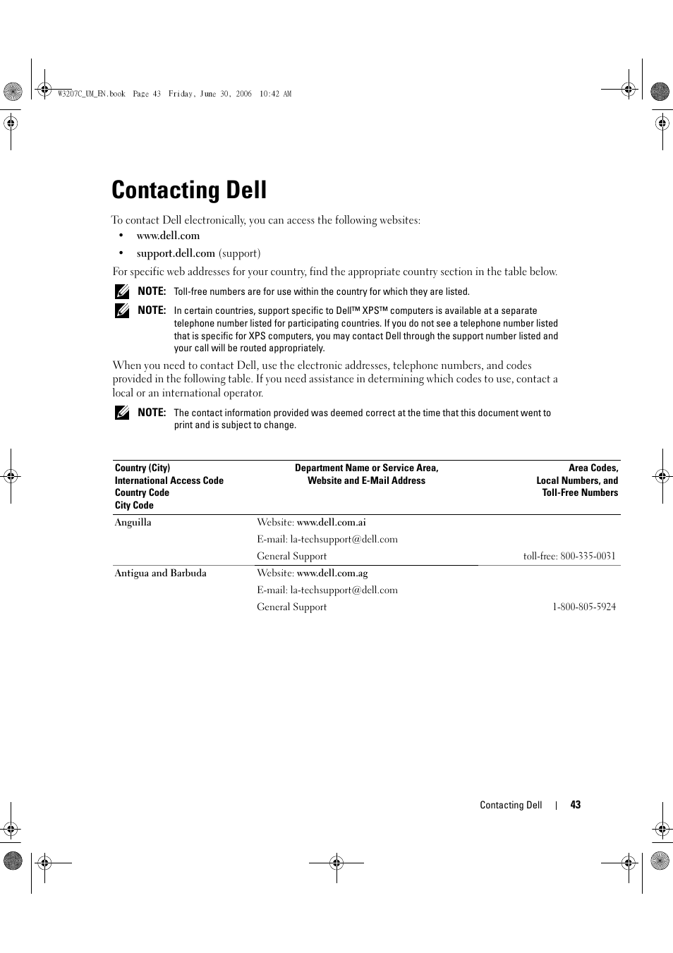 Contacting dell | Dell LCD TV W3207C User Manual | Page 43 / 204