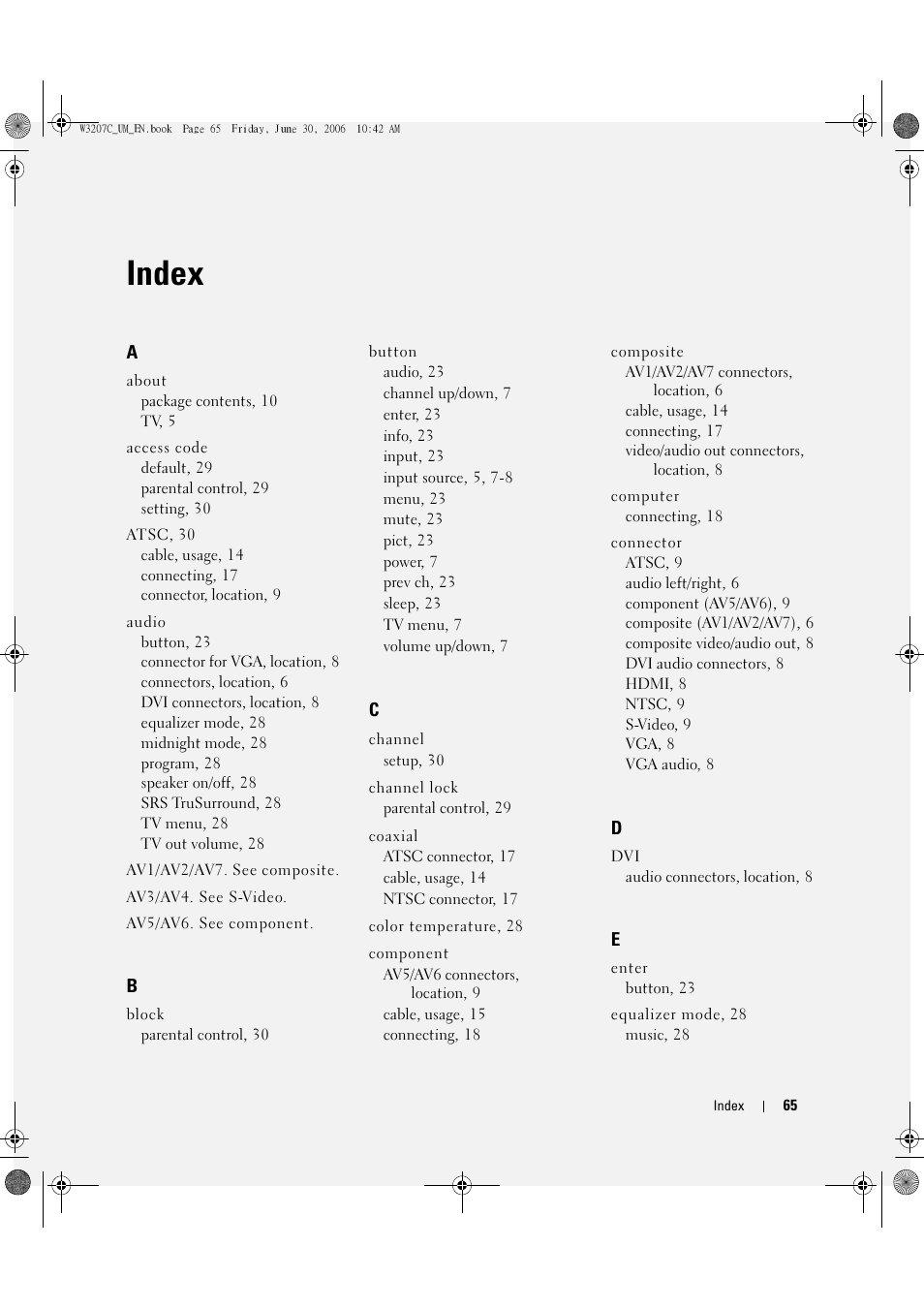 Index | Dell LCD TV W3207C User Manual | Page 65 / 204