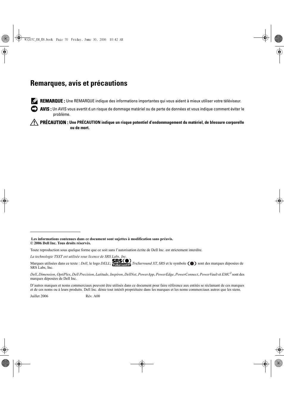 Remarques, avis et précautions | Dell LCD TV W3207C User Manual | Page 70 / 204