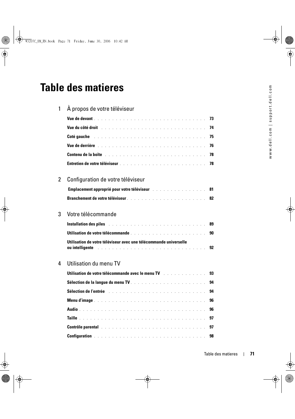 Table des matieres, 1 à propos de votre téléviseur, 2 configuration de votre téléviseur | 3 votre télécommande, 4 utilisation du menu tv | Dell LCD TV W3207C User Manual | Page 71 / 204