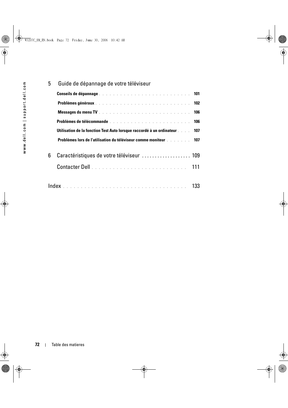 5 guide de dépannage de votre téléviseur, 111 index | Dell LCD TV W3207C User Manual | Page 72 / 204