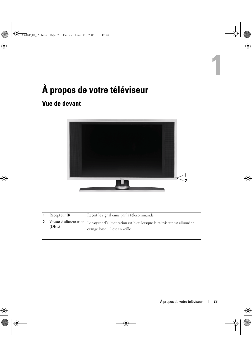 À propos de votre téléviseur, Vue de devant | Dell LCD TV W3207C User Manual | Page 73 / 204