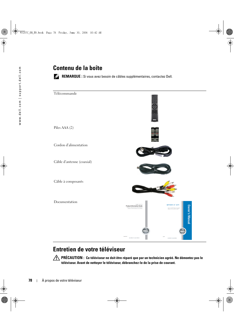 Contenu de la boîte, Entretien de votre téléviseur | Dell LCD TV W3207C User Manual | Page 78 / 204