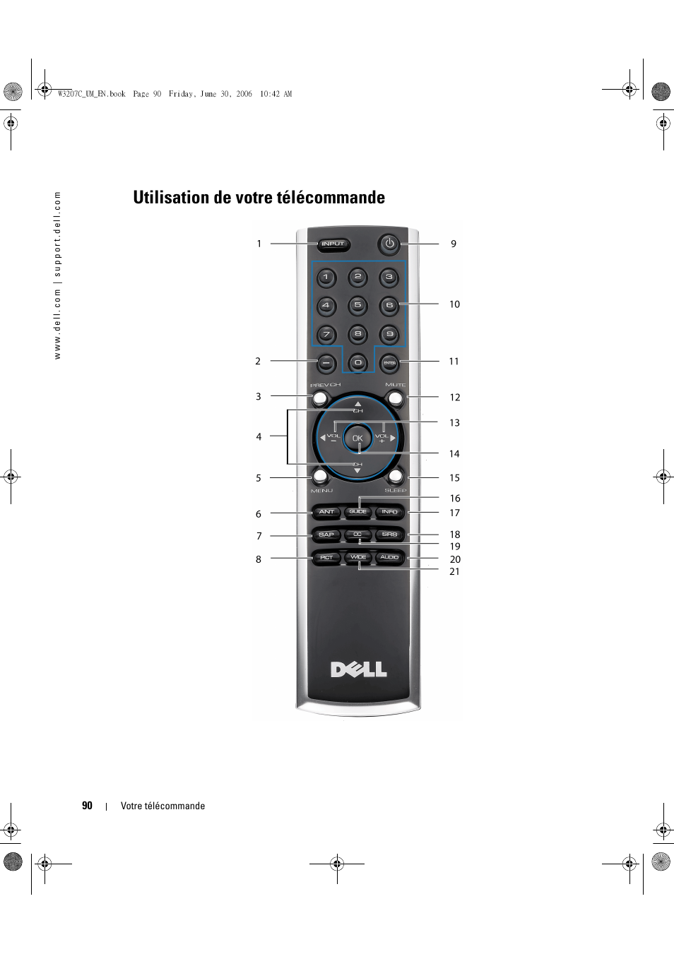 Utilisation de votre télécommande | Dell LCD TV W3207C User Manual | Page 90 / 204