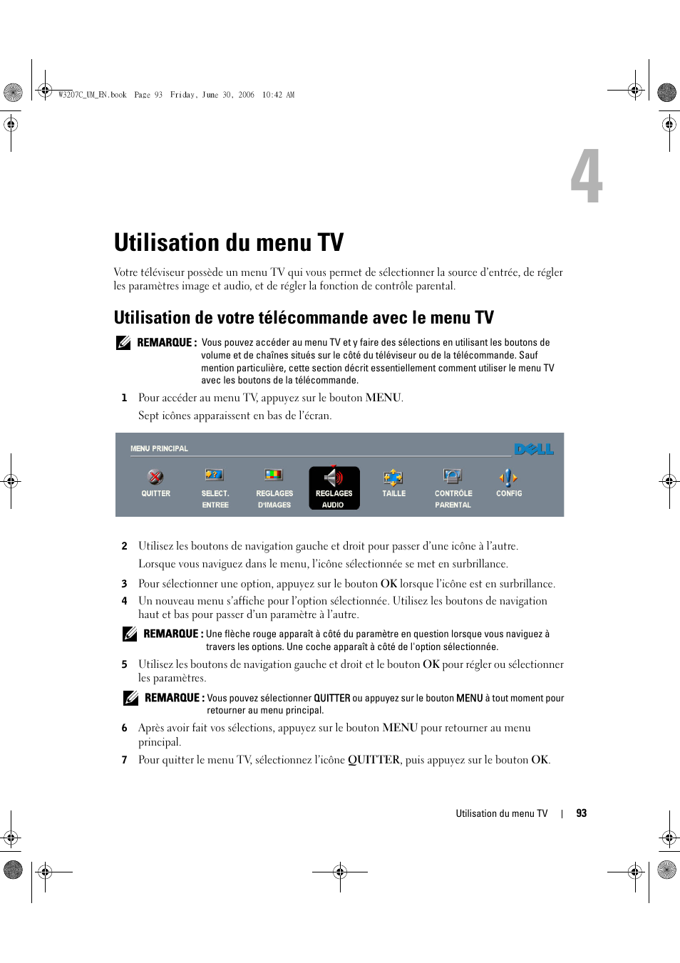 Utilisation du menu tv, Utilisation de votre télécommande avec le menu tv | Dell LCD TV W3207C User Manual | Page 93 / 204