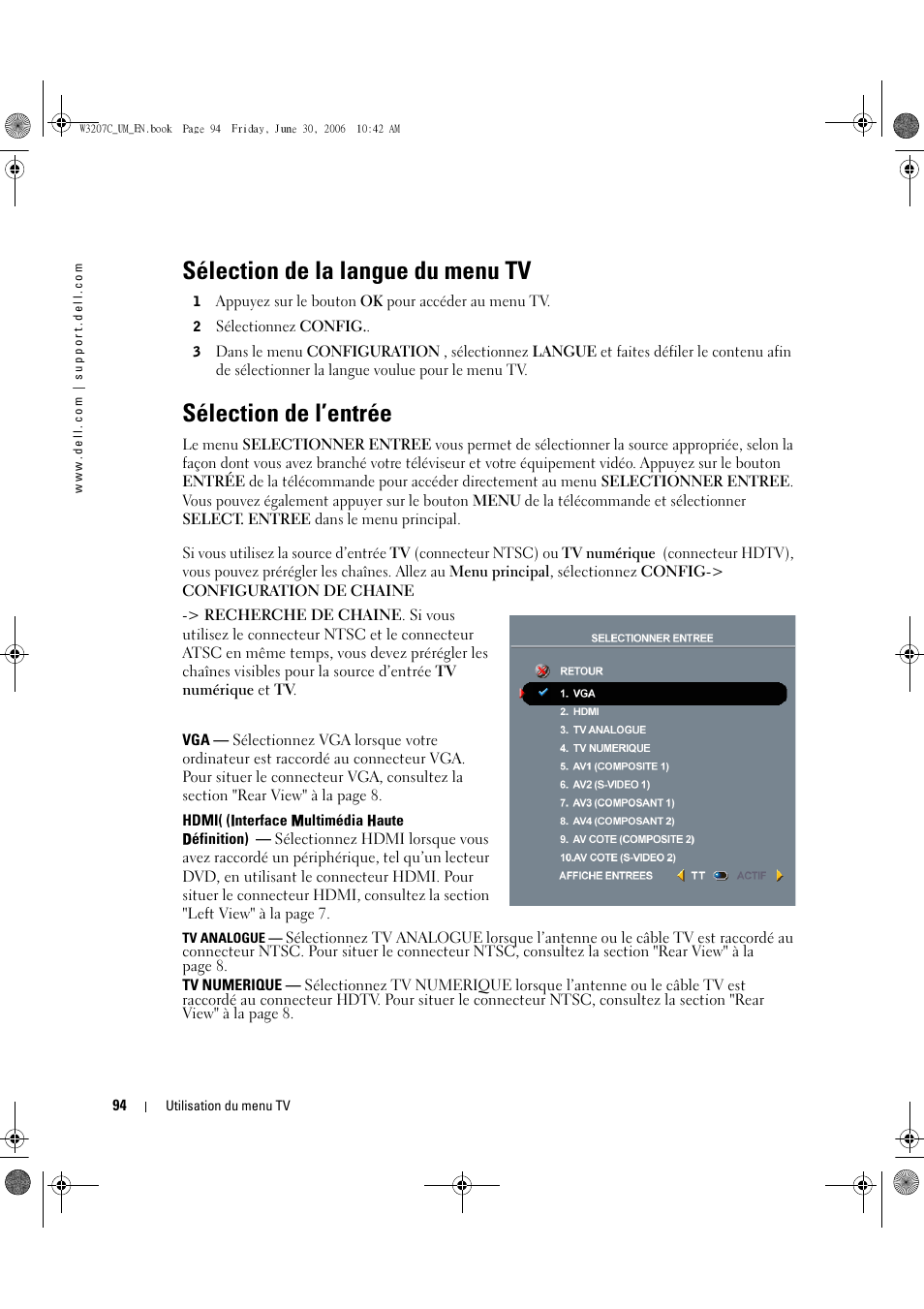 Sélection de la langue du menu tv, Sélection de l’entrée | Dell LCD TV W3207C User Manual | Page 94 / 204