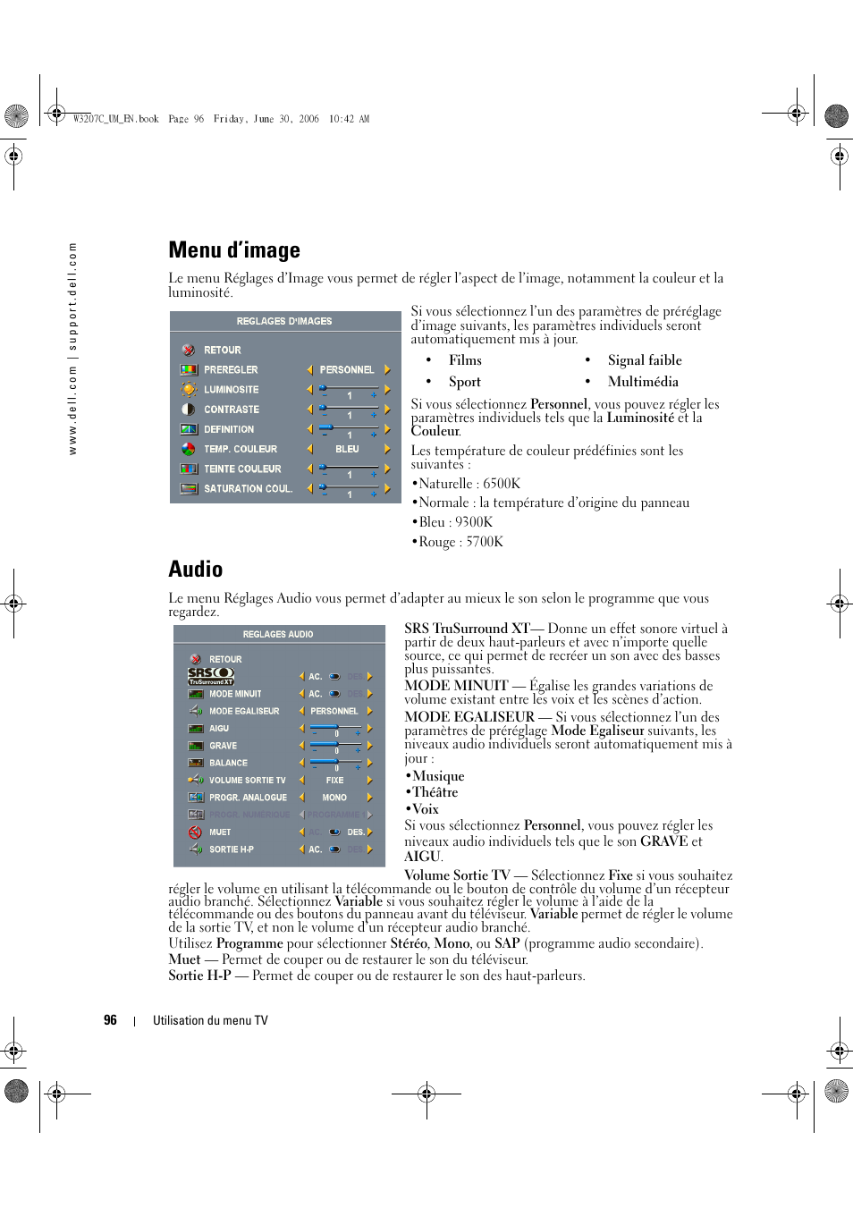 Menu d’image, Audio | Dell LCD TV W3207C User Manual | Page 96 / 204