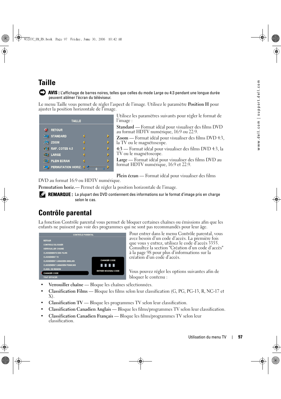 Taille, Contrôle parental | Dell LCD TV W3207C User Manual | Page 97 / 204