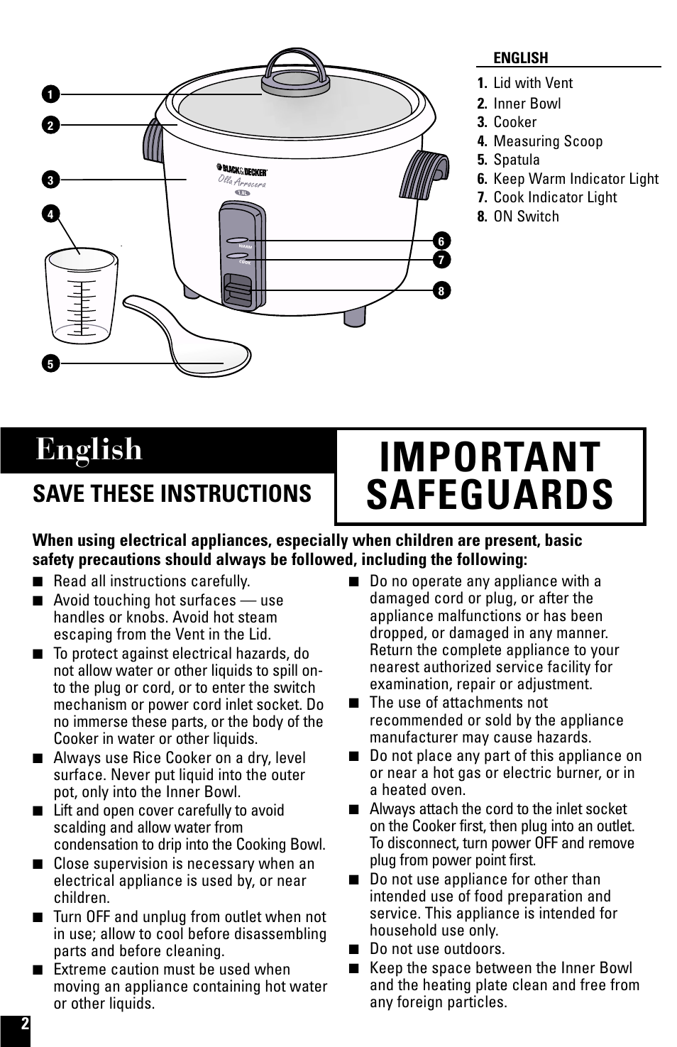 Safegaurds, Rice cooker 1.8 litres, Important safeguards | English, Save these instructions | Black & Decker RC500 User Manual | Page 2 / 8