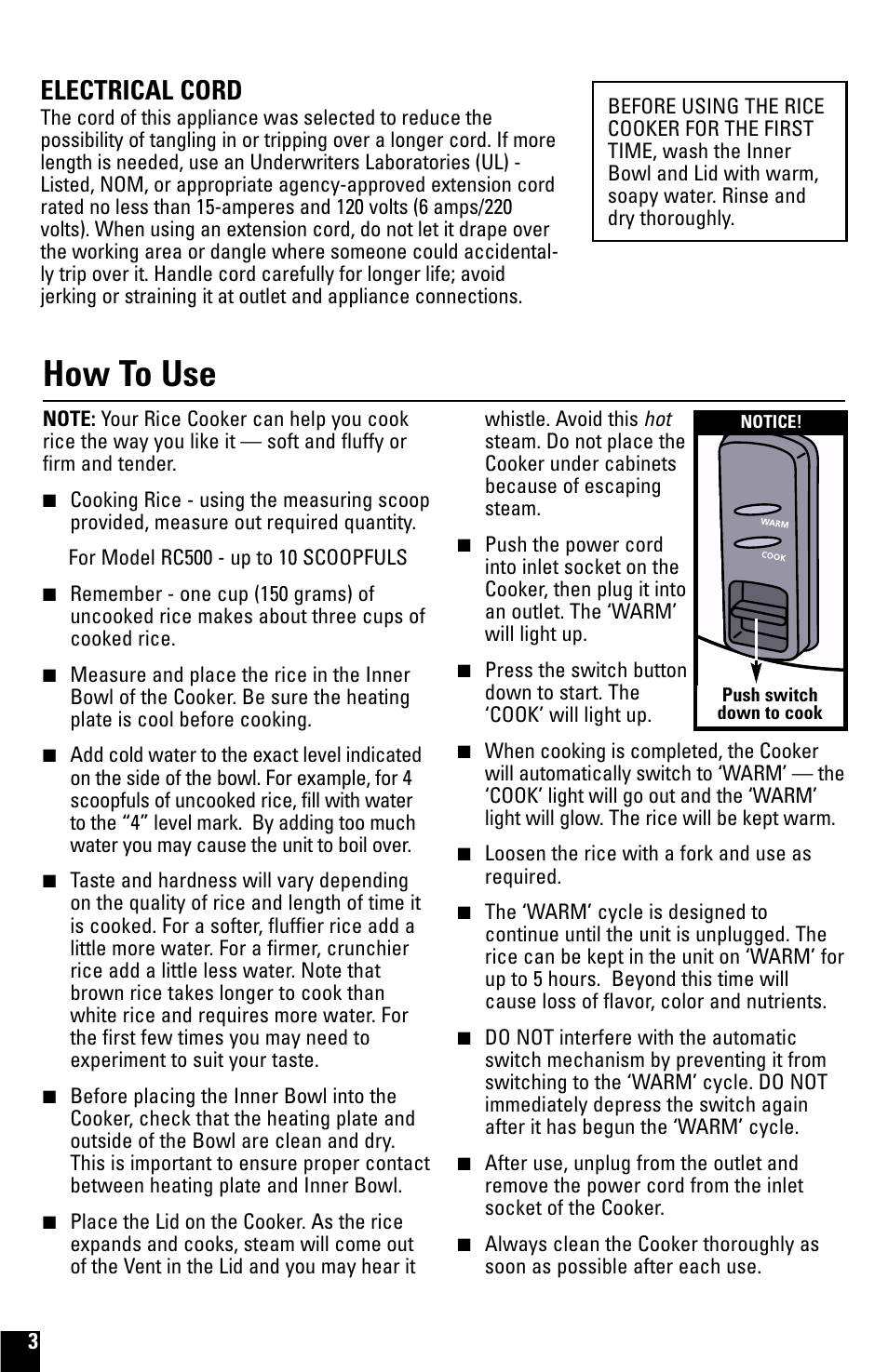 How to use, Electrical cord | Black & Decker RC500 User Manual | Page 3 / 8