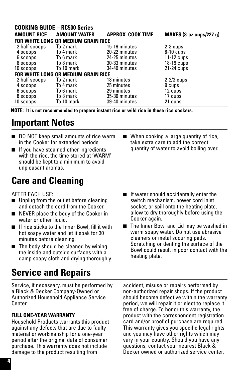 Care & cleaning, Service & repairs | Black & Decker RC500 User Manual | Page 4 / 8