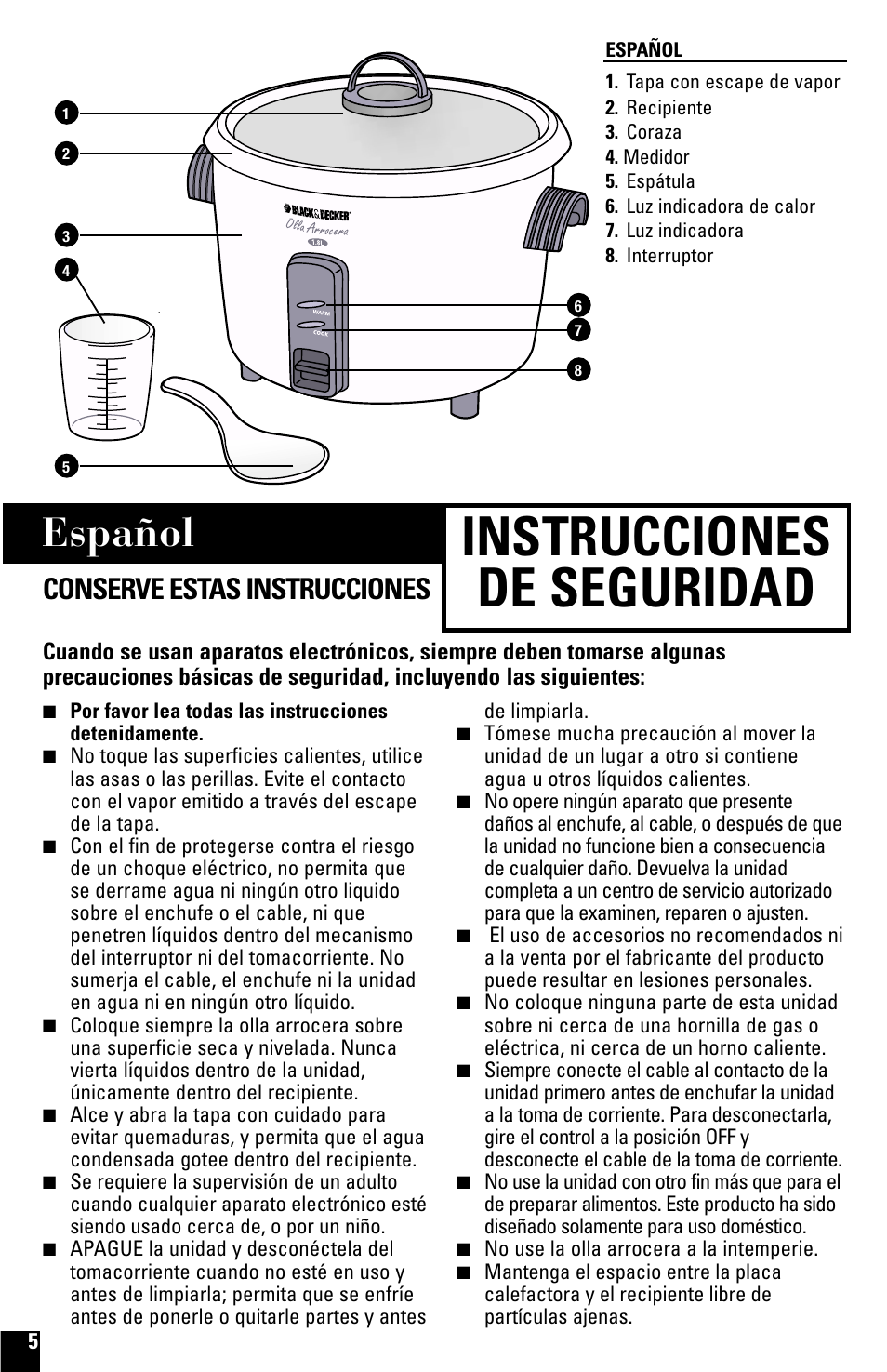 Instrucciones, Olla arrocera de 1,8 litros, Http: //www.householdproductsinc.com | Instrucciones de seguridad, Español, Conserve estas instrucciones | Black & Decker RC500 User Manual | Page 5 / 8