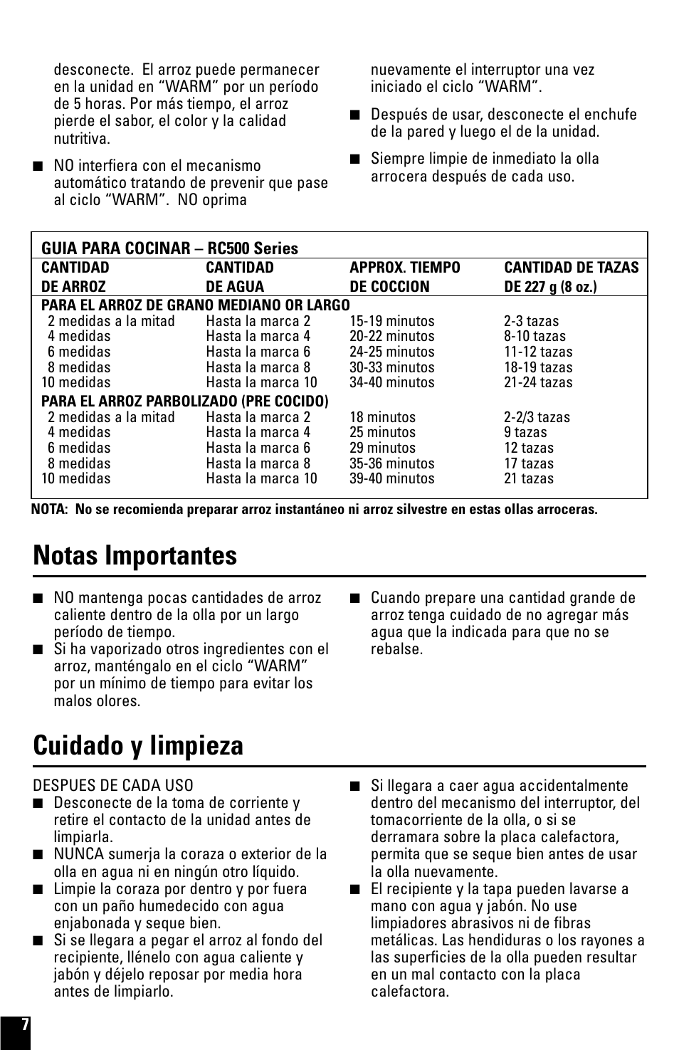 Cuidado y limpieza, Cuidado y limpieza notas importantes | Black & Decker RC500 User Manual | Page 7 / 8