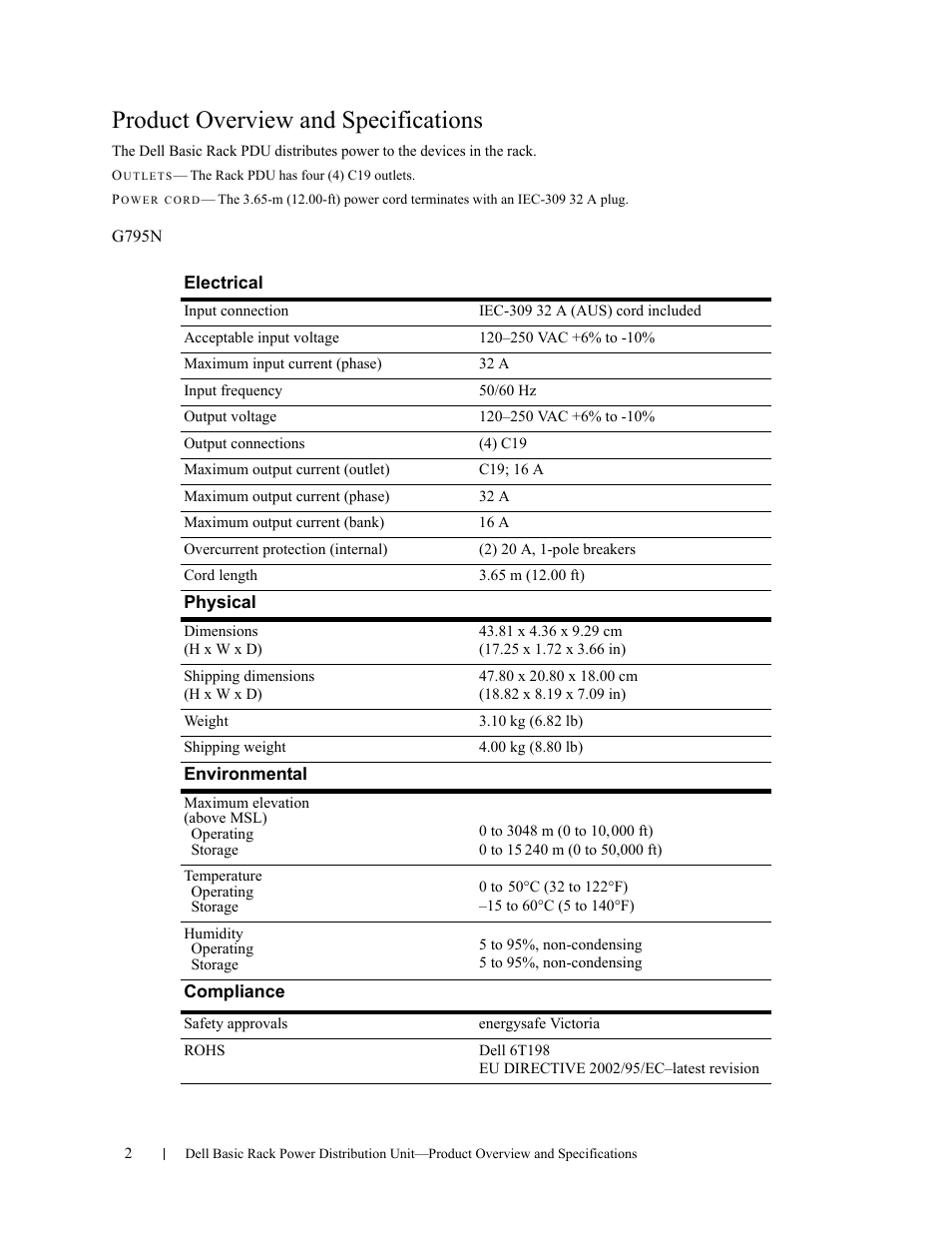 Product overview and specifications | Dell Basic PDU User Manual | Page 2 / 3