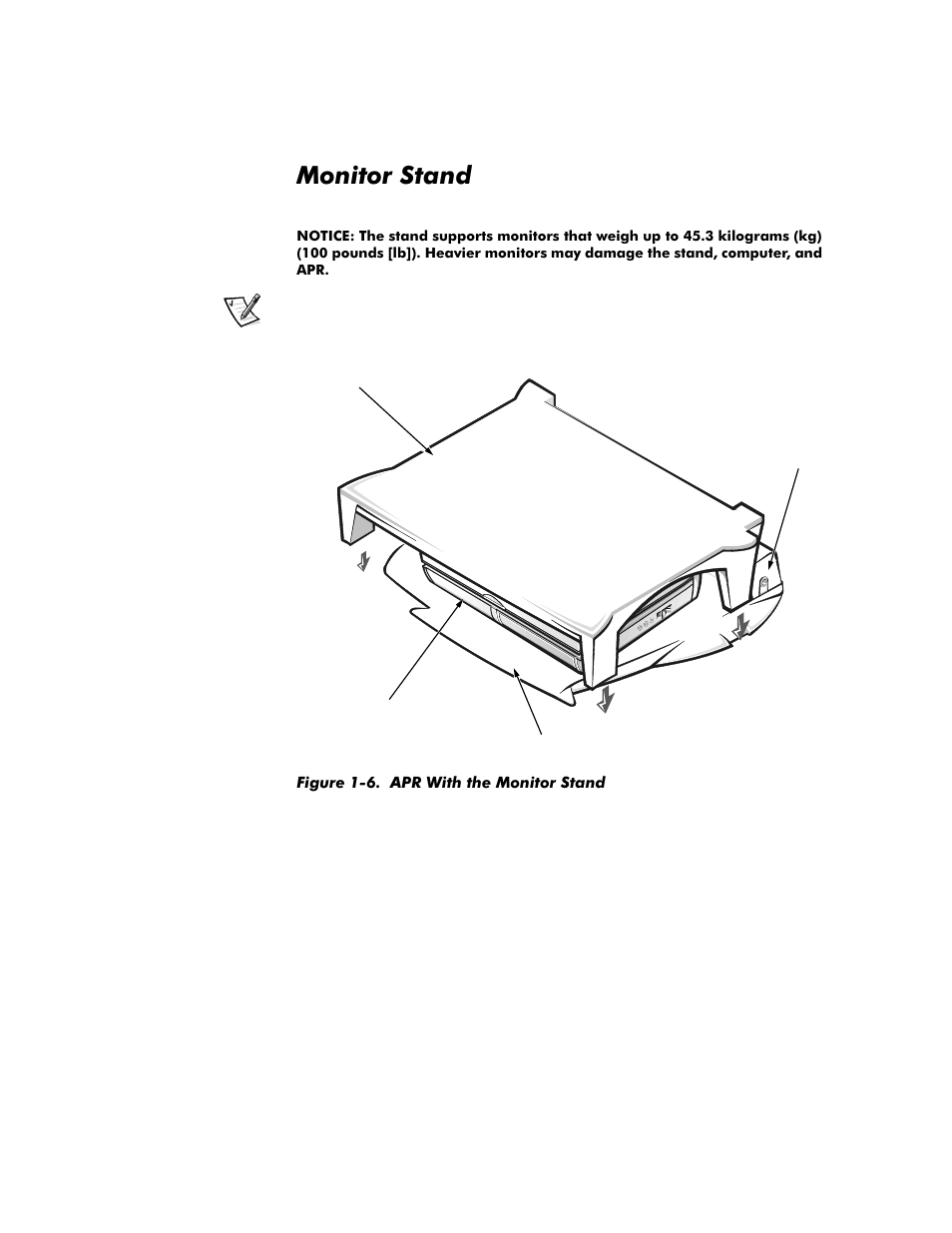 Monitor stand, Monitor stand -7, Figure 1-6 | Apr with the monitor stand -7 | Dell Inspiron 4100 User Manual | Page 11 / 158