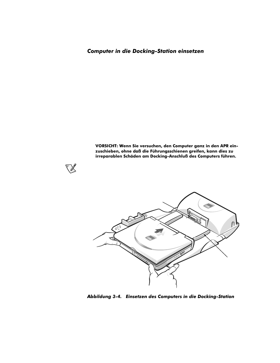 Computer in die docking-station einsetzen, Computer in die docking-station einsetzen -5, Abbildung 3-4 | Einsetzen des computers in die docking-station -5 | Dell Inspiron 4100 User Manual | Page 71 / 158