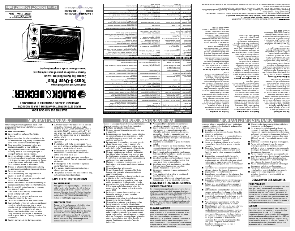 Safegaurds, Toast-r-oven plus, Save these instructions | Counter top ovens/broilers, Hornos y asadores para el mostrado, Fours-rôtissoires de comptoir, Conserve estas instrucciones, Conserver ces mesures | Black & Decker TRO6100CT User Manual | Page 2 / 7