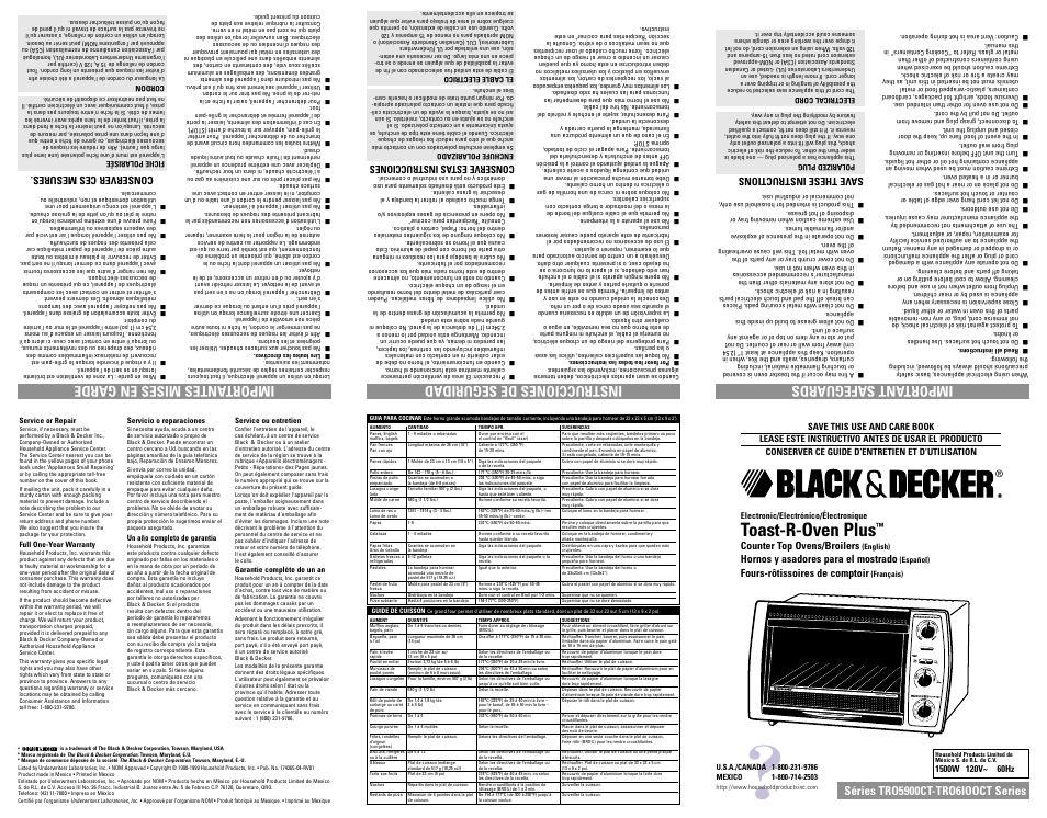 Toast-r-oven plus, No sy a wl a, Save these instructions | Counter top ovens/broilers, Hornos y asadores para el mostrado, Fours-rôtissoires de comptoir, Conserve estas instrucciones, Conserver ces mesures | Black & Decker TRO6100CT User Manual | Page 6 / 7
