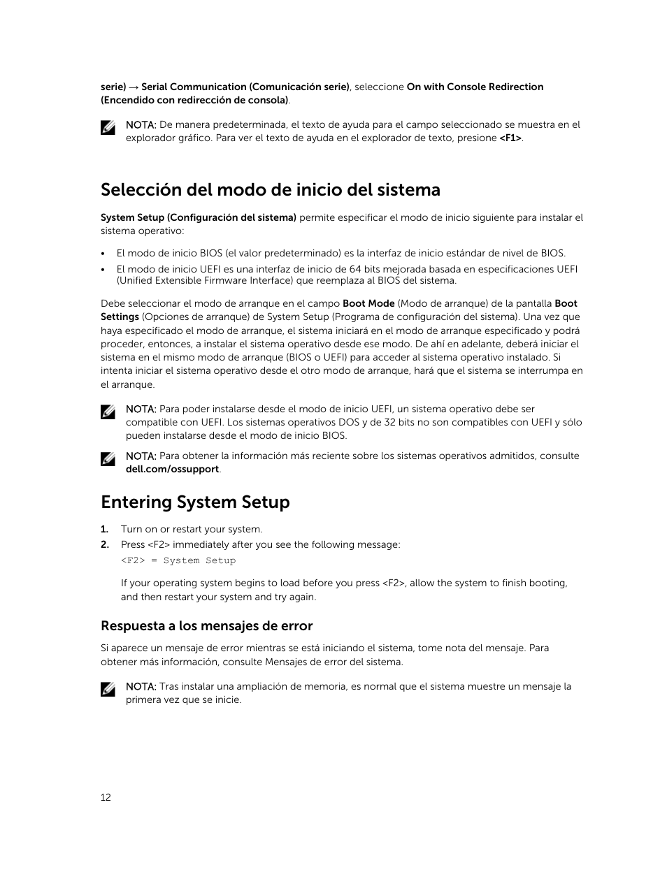Selección del modo de inicio del sistema, Entering system setup, Respuesta a los mensajes de error | Dell PowerEdge M820 (for PE VRTX) User Manual | Page 12 / 183