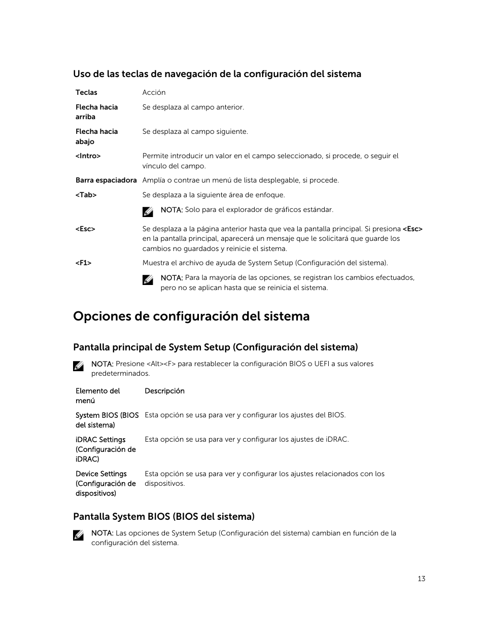 Opciones de configuración del sistema, Pantalla system bios (bios del sistema) | Dell PowerEdge M820 (for PE VRTX) User Manual | Page 13 / 183