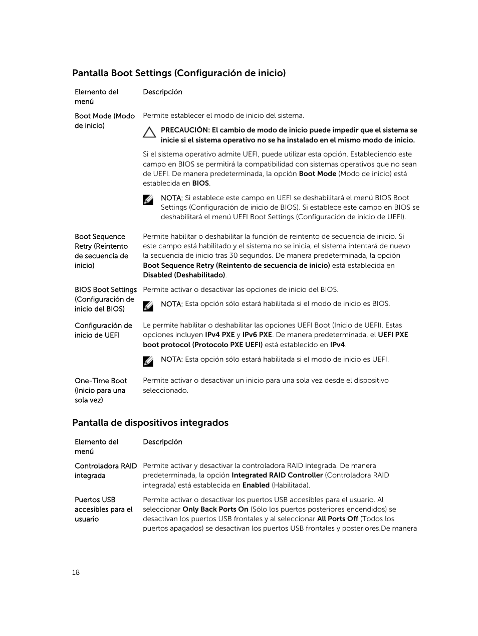 Pantalla boot settings (configuración de inicio), Pantalla de dispositivos integrados | Dell PowerEdge M820 (for PE VRTX) User Manual | Page 18 / 183