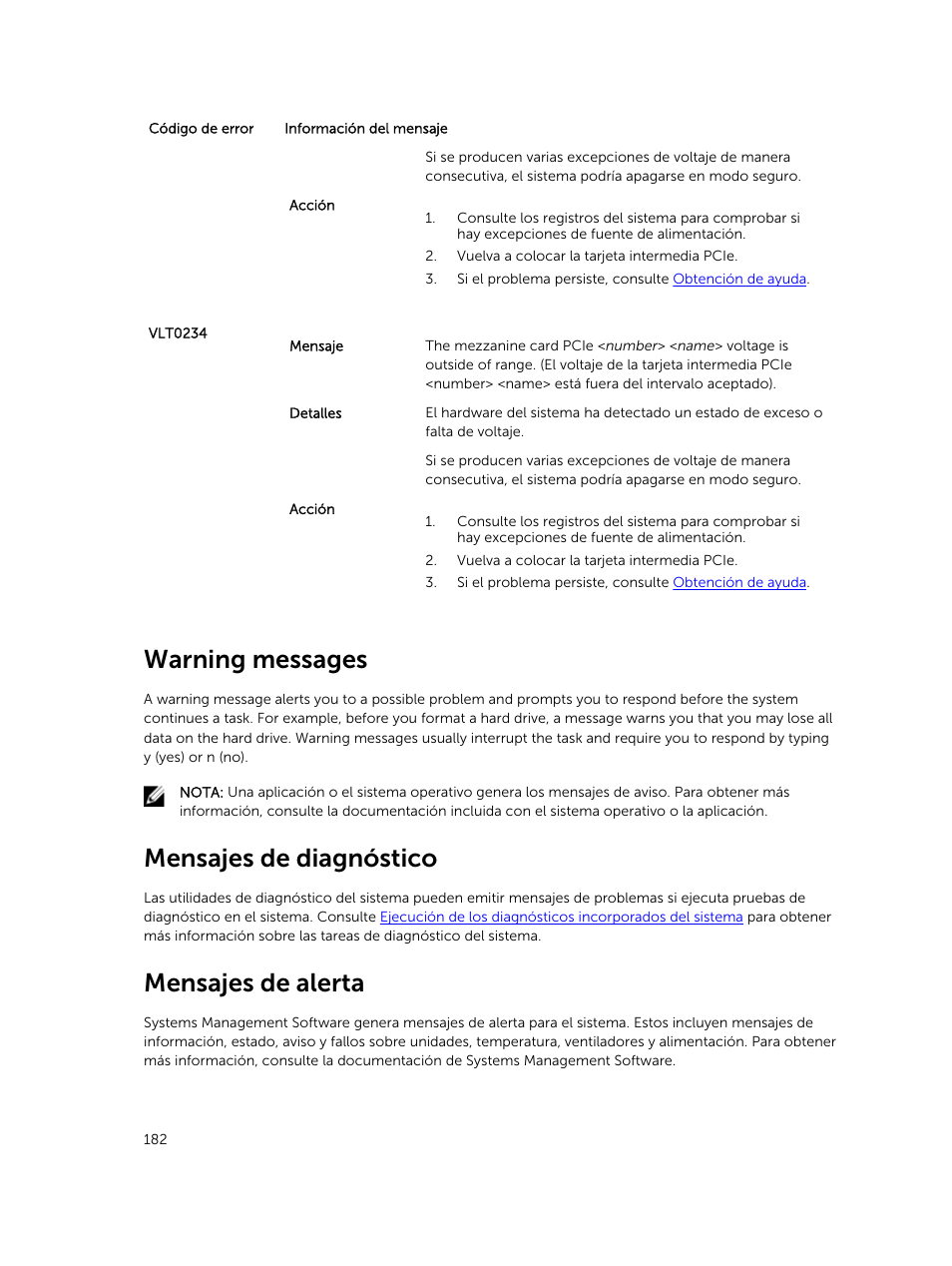 Warning messages, Mensajes de diagnóstico, Mensajes de alerta | Dell PowerEdge M820 (for PE VRTX) User Manual | Page 182 / 183