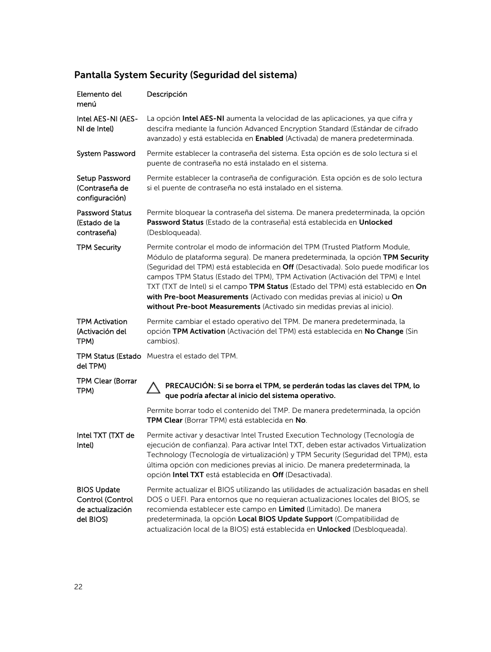Pantalla system security (seguridad del sistema) | Dell PowerEdge M820 (for PE VRTX) User Manual | Page 22 / 183