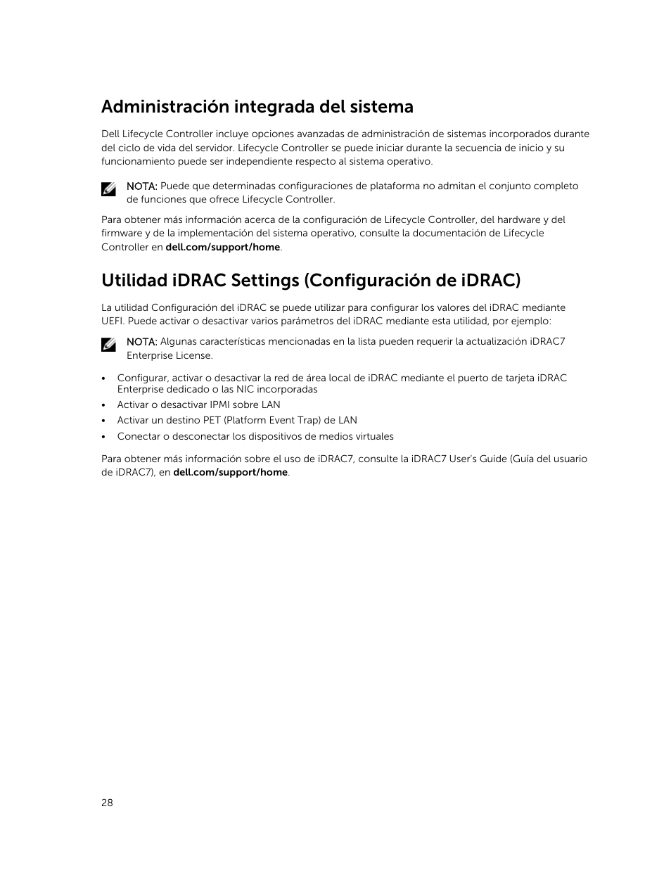 Administración integrada del sistema, Utilidad idrac settings (configuración de idrac) | Dell PowerEdge M820 (for PE VRTX) User Manual | Page 28 / 183