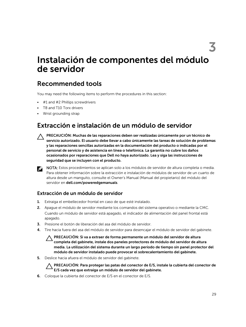 Instalación de componentes del módulo de servidor, Recommended tools, Extracción e instalación de un módulo de servidor | Extracción de un módulo de servidor | Dell PowerEdge M820 (for PE VRTX) User Manual | Page 29 / 183