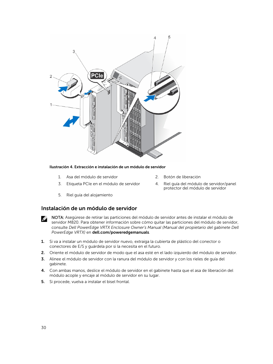Instalación de un módulo de servidor | Dell PowerEdge M820 (for PE VRTX) User Manual | Page 30 / 183
