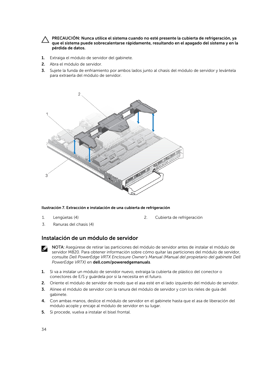 Instalación de un módulo de servidor | Dell PowerEdge M820 (for PE VRTX) User Manual | Page 34 / 183