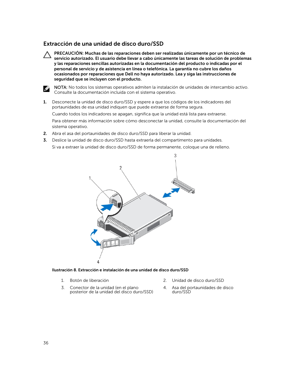 Extracción de una unidad de disco duro/ssd | Dell PowerEdge M820 (for PE VRTX) User Manual | Page 36 / 183