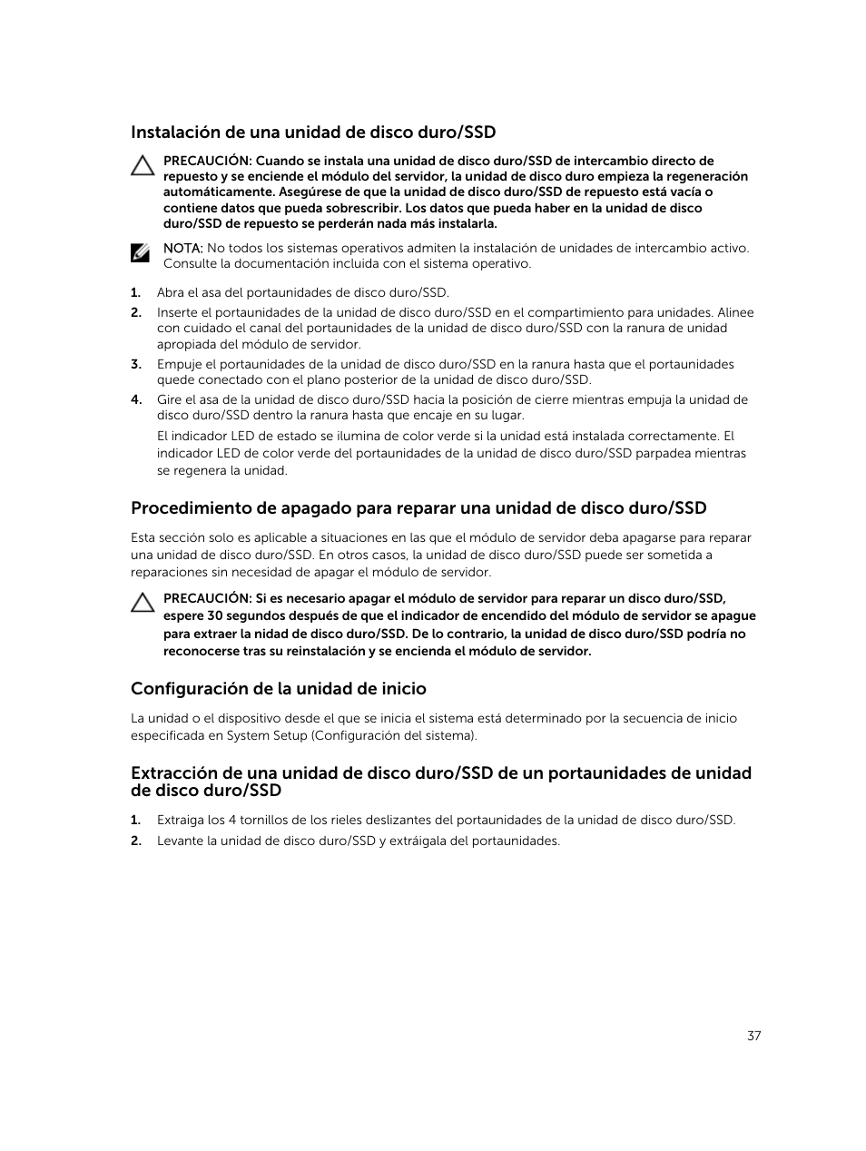 Instalación de una unidad de disco duro/ssd, Configuración de la unidad de inicio | Dell PowerEdge M820 (for PE VRTX) User Manual | Page 37 / 183