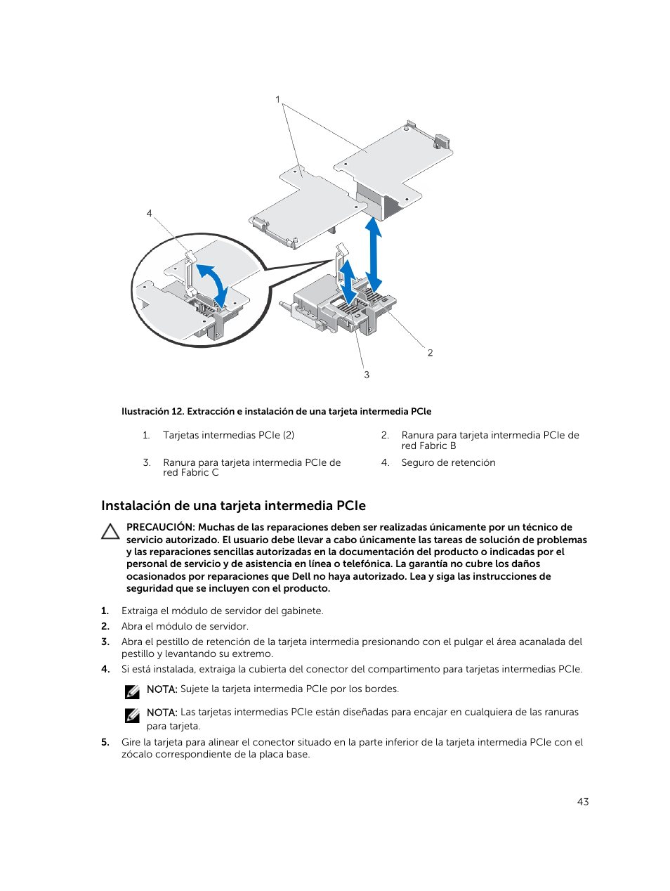 Instalación de una tarjeta intermedia pcie | Dell PowerEdge M820 (for PE VRTX) User Manual | Page 43 / 183