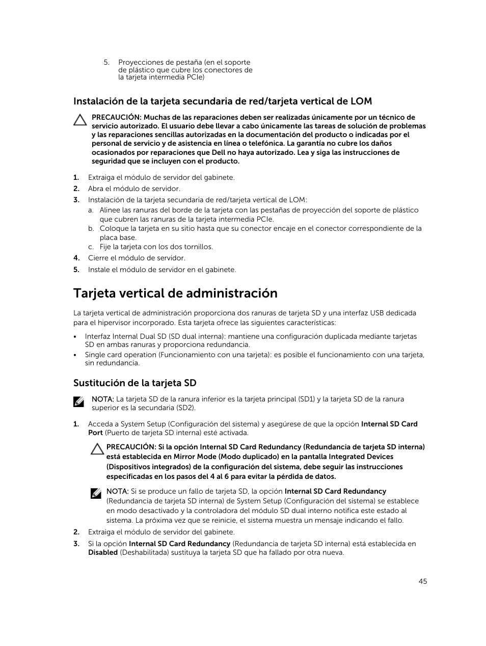 Tarjeta vertical de administración, Sustitución de la tarjeta sd | Dell PowerEdge M820 (for PE VRTX) User Manual | Page 45 / 183