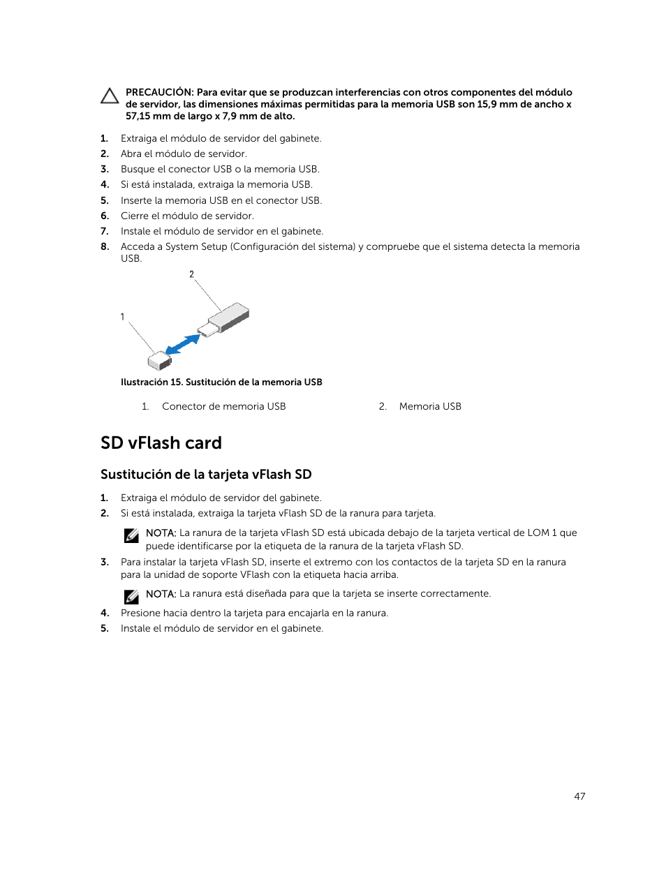 Sd vflash card, Sustitución de la tarjeta vflash sd | Dell PowerEdge M820 (for PE VRTX) User Manual | Page 47 / 183