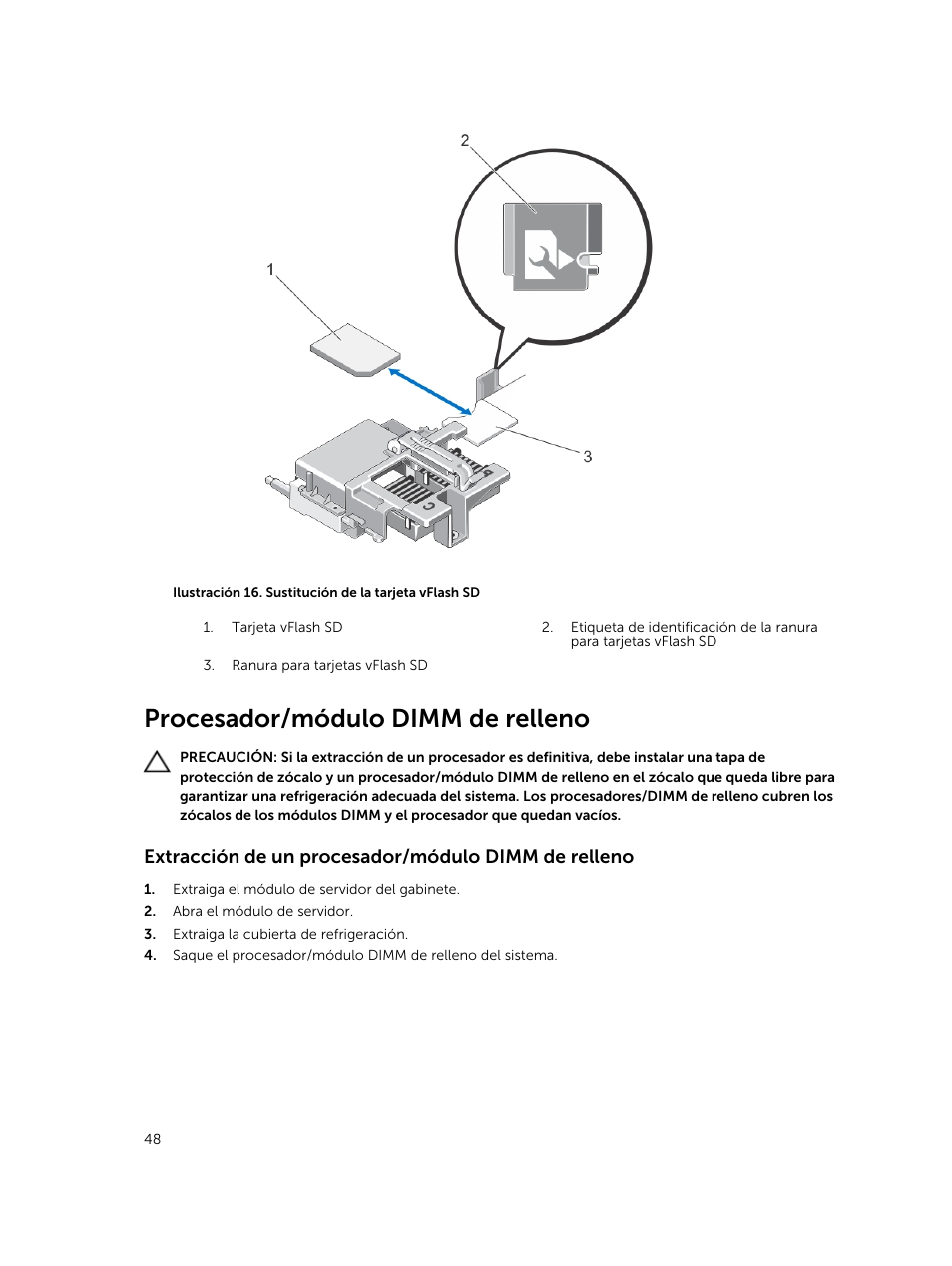 Procesador/módulo dimm de relleno, Extracción de un procesador/módulo dimm de relleno | Dell PowerEdge M820 (for PE VRTX) User Manual | Page 48 / 183