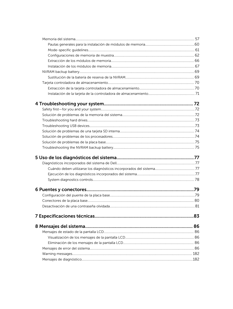 4 troubleshooting your system, 5 uso de los diagnósticos del sistema, 6 puentes y conectores | 7 especificaciones técnicas 8 mensajes del sistema | Dell PowerEdge M820 (for PE VRTX) User Manual | Page 5 / 183