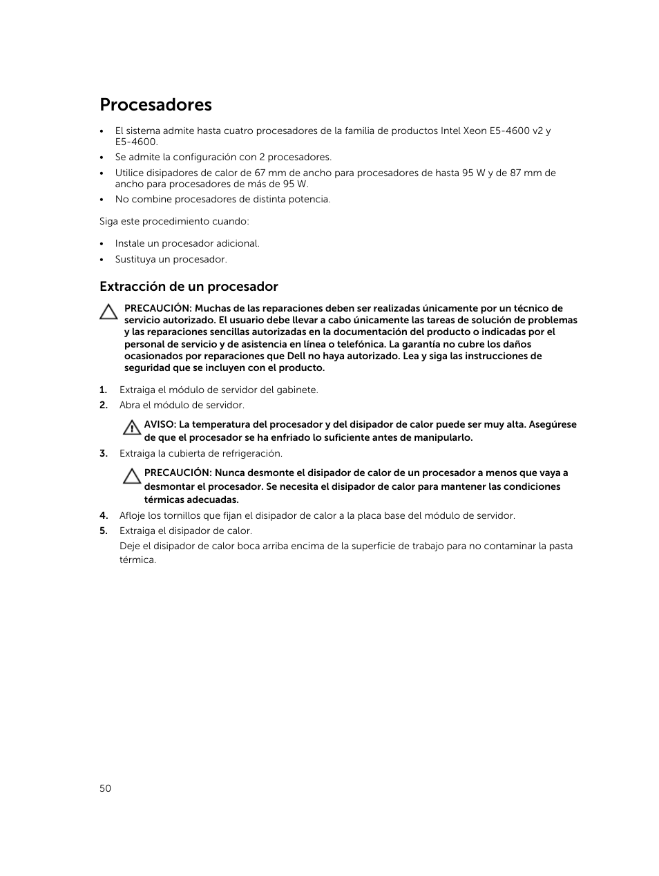 Procesadores, Extracción de un procesador | Dell PowerEdge M820 (for PE VRTX) User Manual | Page 50 / 183