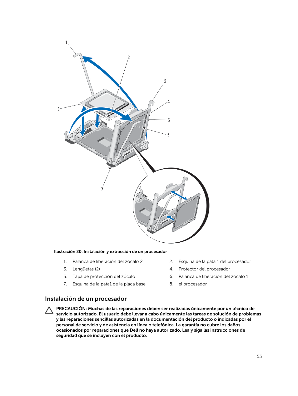 Instalación de un procesador | Dell PowerEdge M820 (for PE VRTX) User Manual | Page 53 / 183