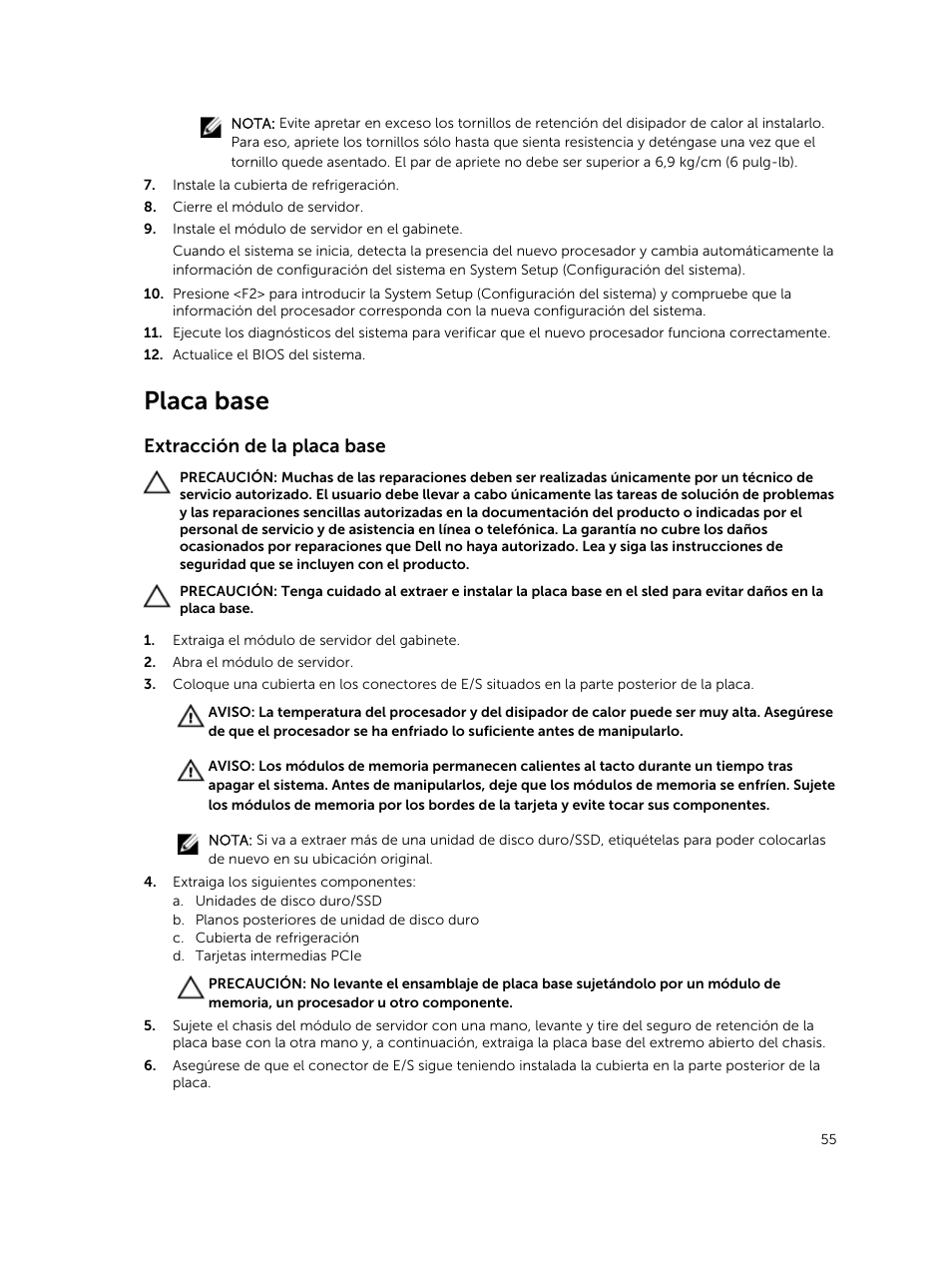Placa base, Extracción de la placa base | Dell PowerEdge M820 (for PE VRTX) User Manual | Page 55 / 183