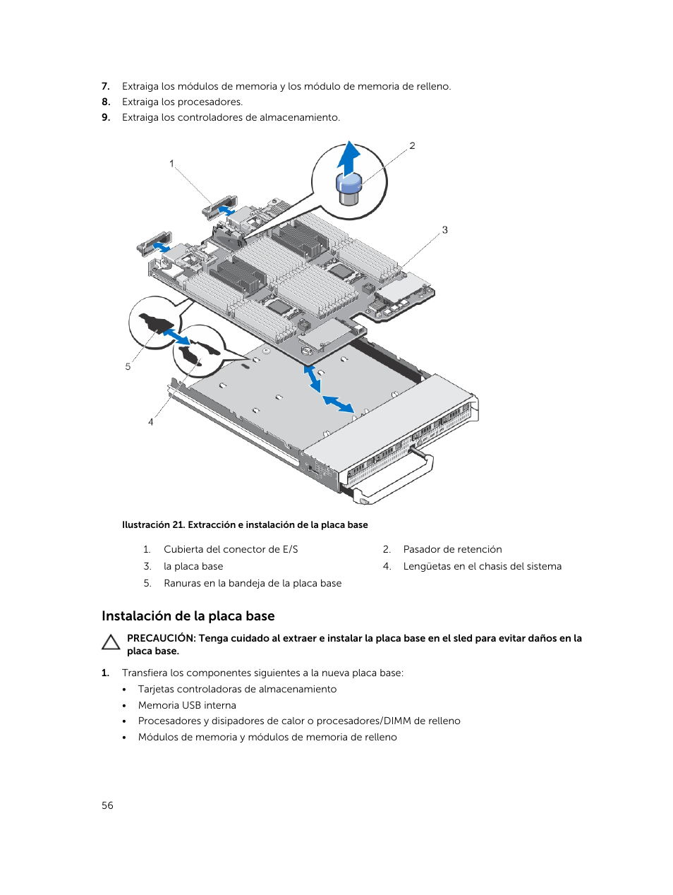 Instalación de la placa base | Dell PowerEdge M820 (for PE VRTX) User Manual | Page 56 / 183
